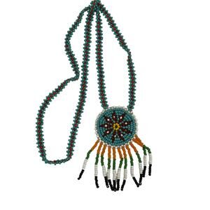 Navajo Blue Beaded Tribe Necklace Orange White Black Red Western Rare Ranch